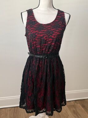 Bailey Girl Sleeveless Black Lace Overlay Red Dress with Belt, Size Medium